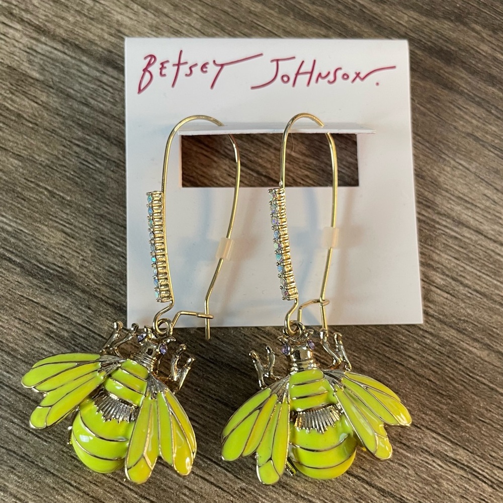 Nwt! BETSEY JOHNSON Gold Neon BUMBLE BEE Rhinestone DANGLE Pierced EARRINGS